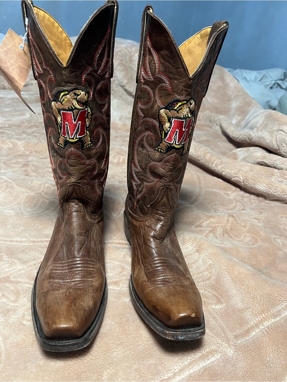 Ameda Brown Leather Western Boots with Red 'M' Mascot Embroidery